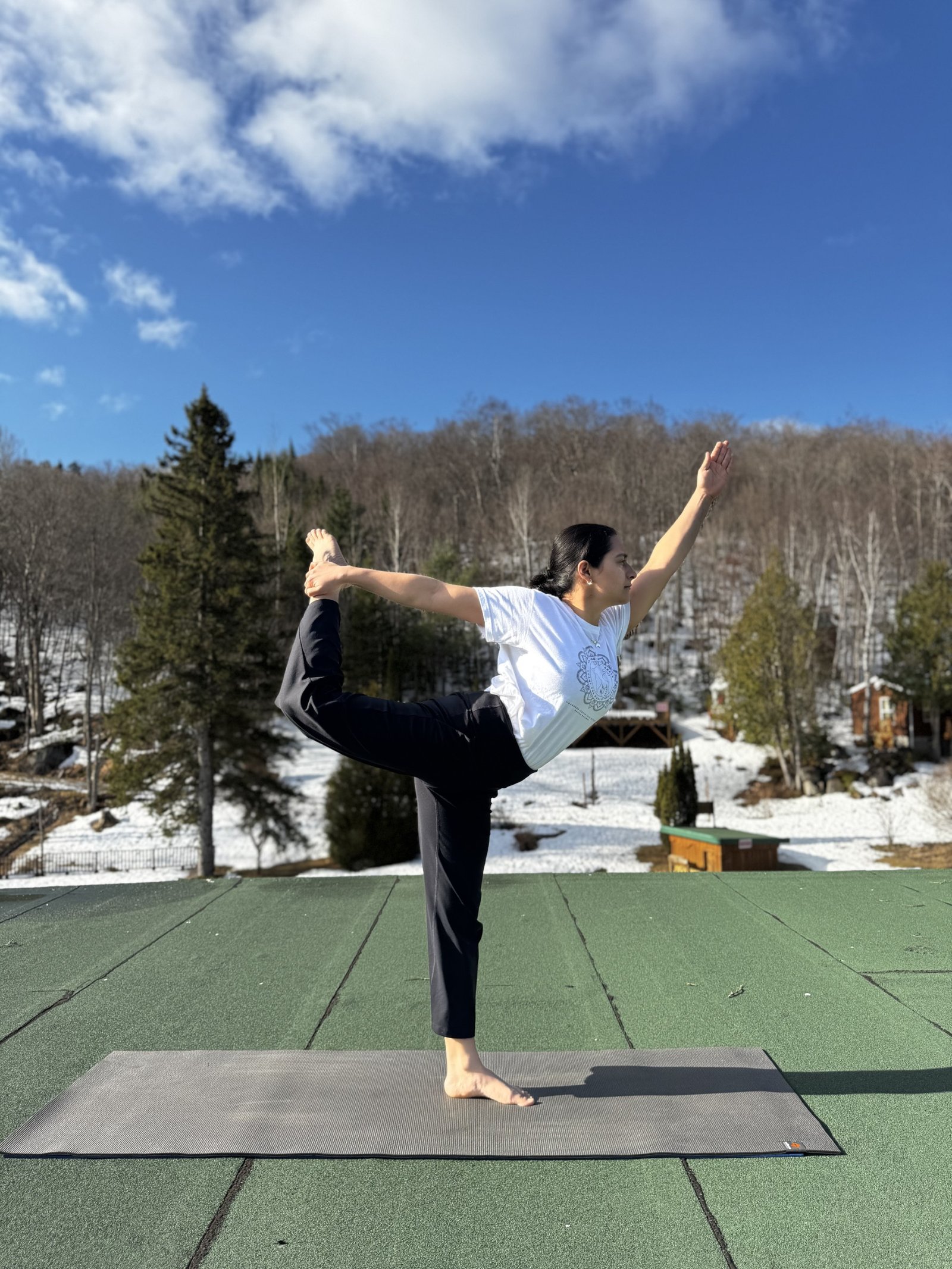 Purnima in dancer’s pose outdoors